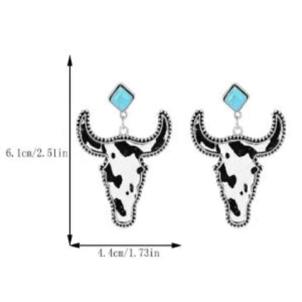 Black White Silver Plated Faux Hair Cow Print Diamond Turquoise Earrings - Picture 2 of 2